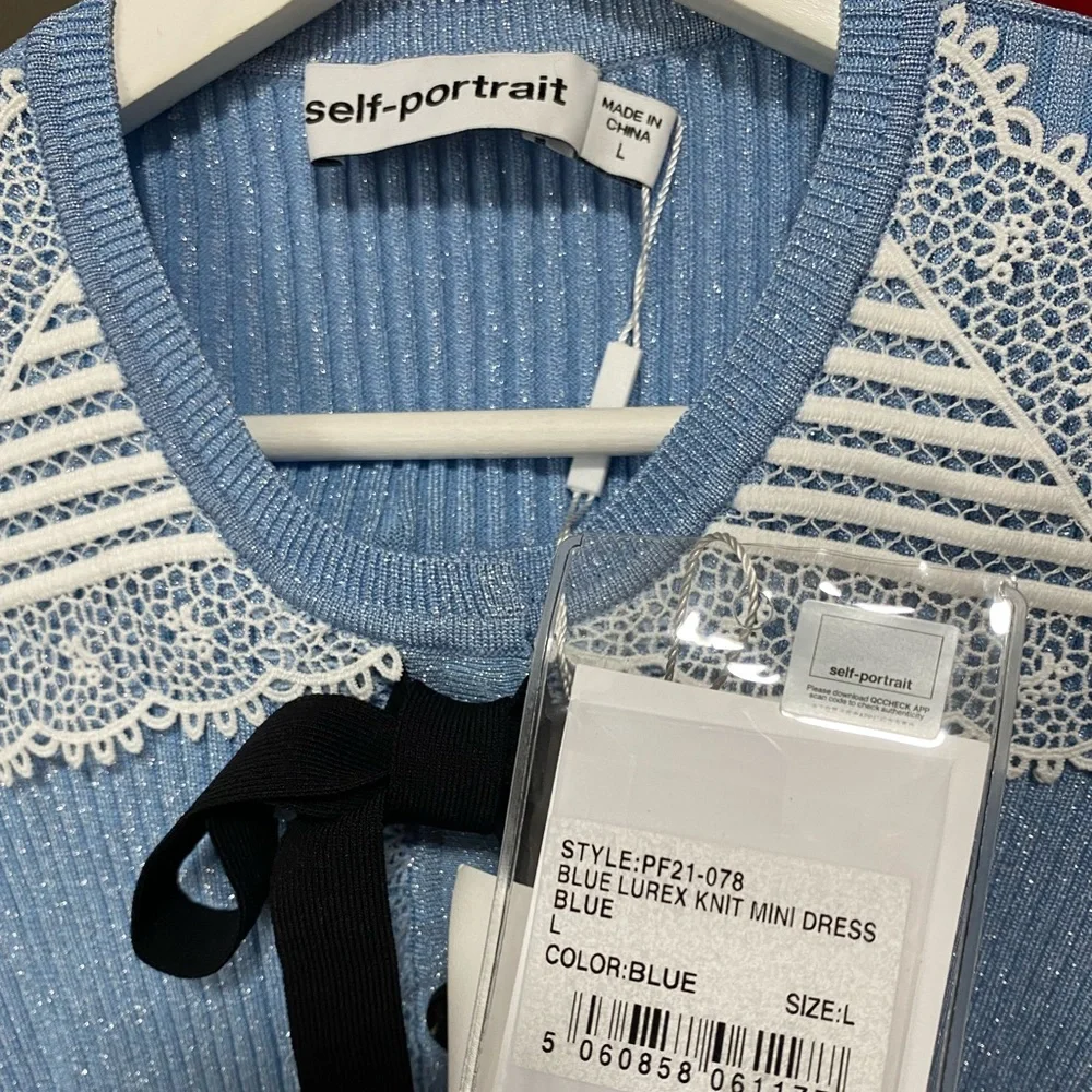 NWT Self-Portrait Bow Detail Lurex Knit Mini Dress L - Picture 3 of 6